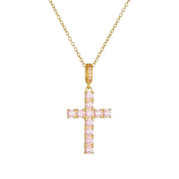 WJ- Classic Cross Necklace with Pink CZ Stone -Sterling Silve & Gold plated
