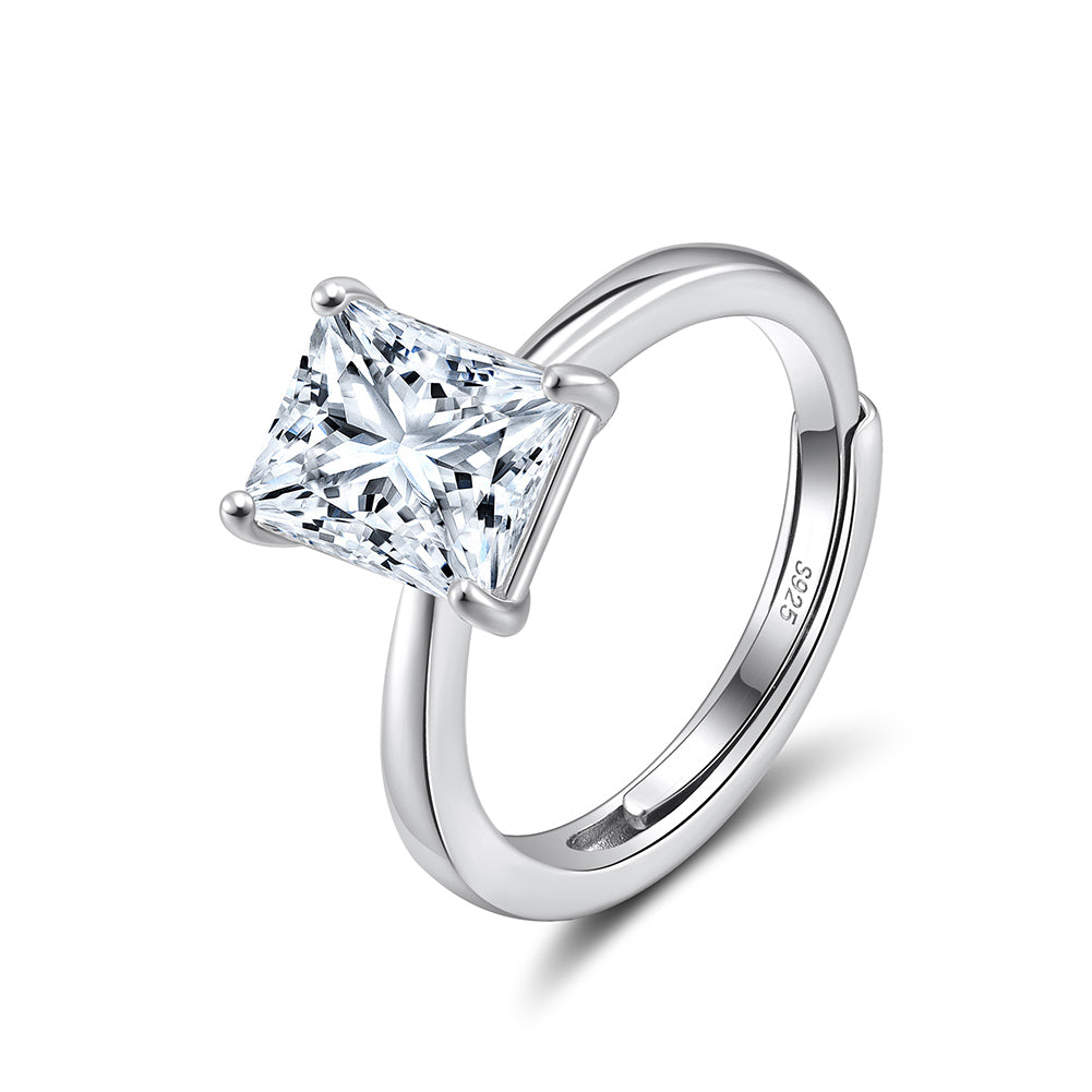 Emerald Radiant Solitaire Diamond Ring (Moissanite or CZ Stone) Sterling Silver- Adjustable Band