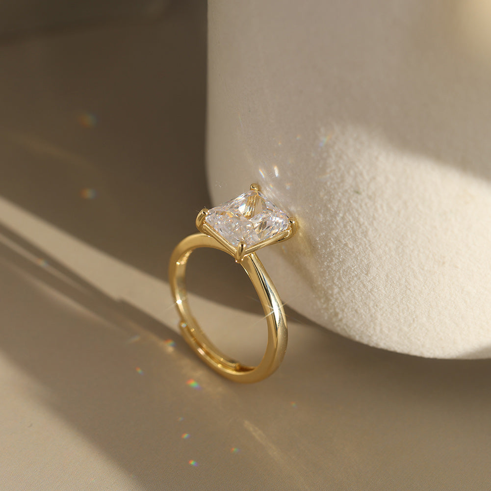 Emerald Radiant Solitaire Diamond Ring (Moissanite or CZ Stone) Sterling Silver- Adjustable Band