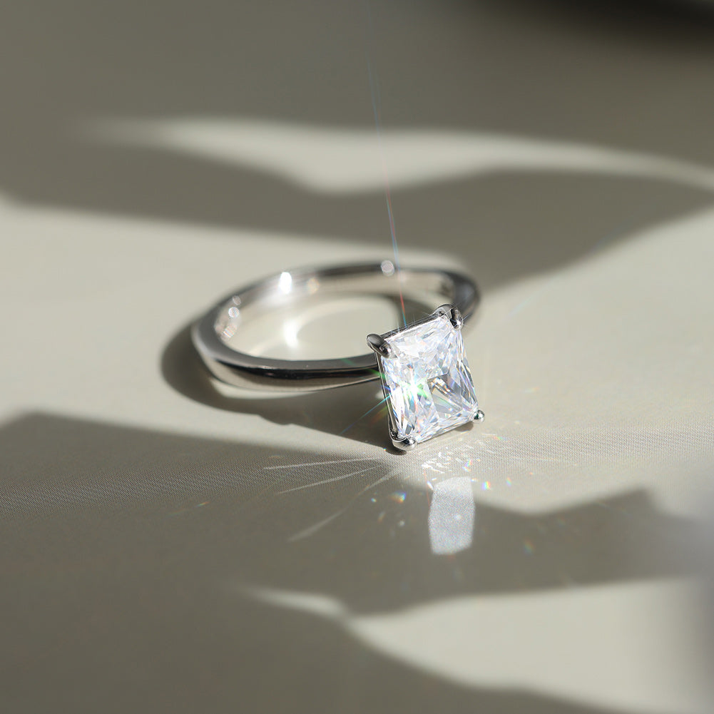 Emerald Radiant Solitaire Diamond Ring (Moissanite or CZ Stone) Sterling Silver- Adjustable Band