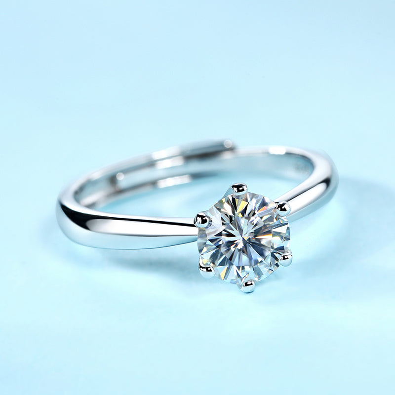 "ON POINT" Round Brilliant Moissanite Diamond Ring in Sterling Silver-Adjustable Band