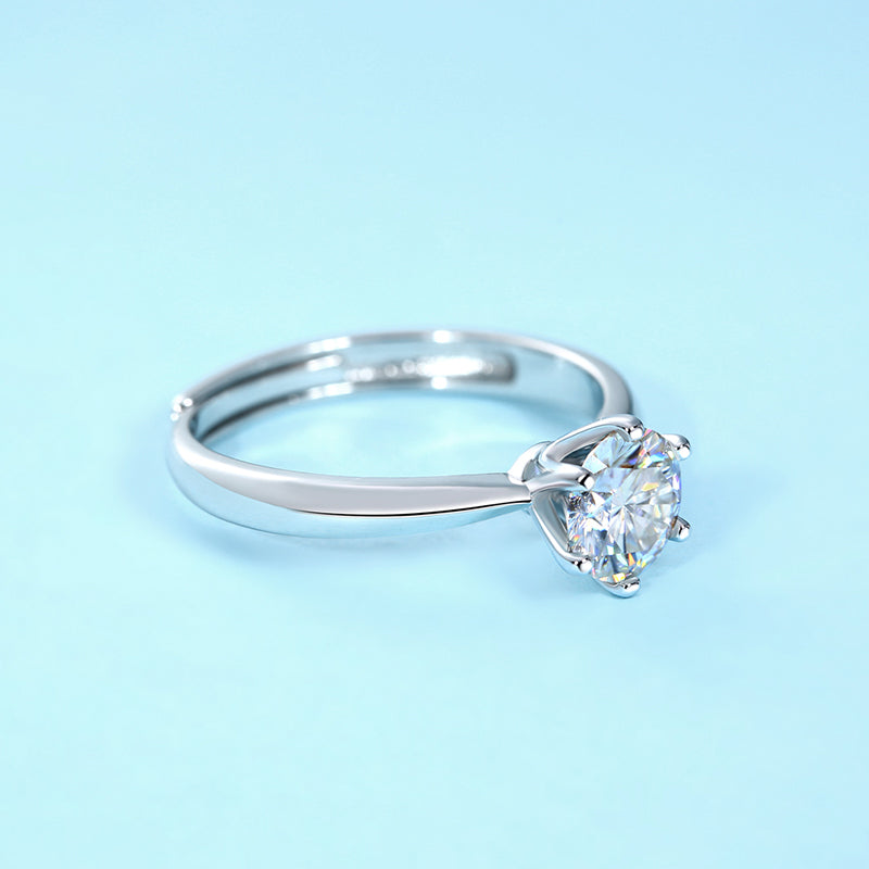"ON POINT" Round Brilliant Moissanite Diamond Ring in Sterling Silver-Adjustable Band