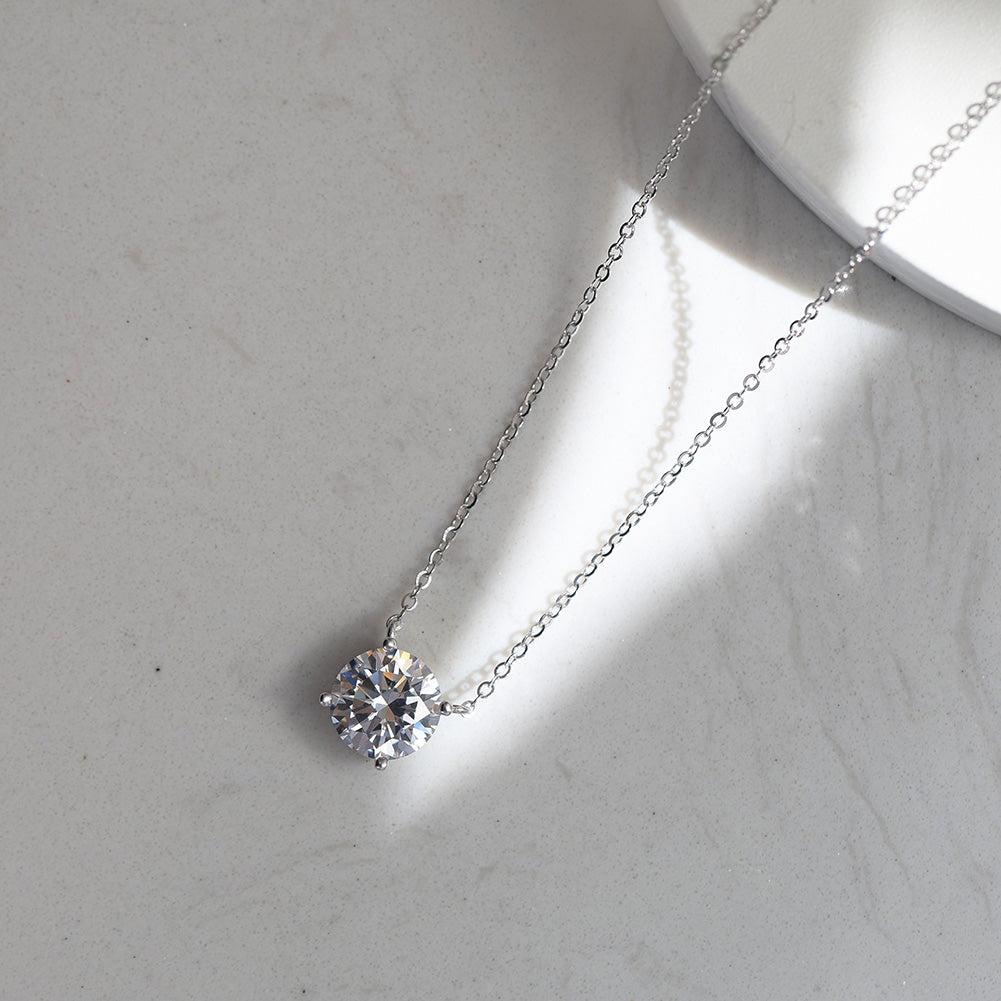 Wylow Jewels DIAMOND ROUND PENDANT Necklace (Moissanite or CZ Stone) in Sterling Silver