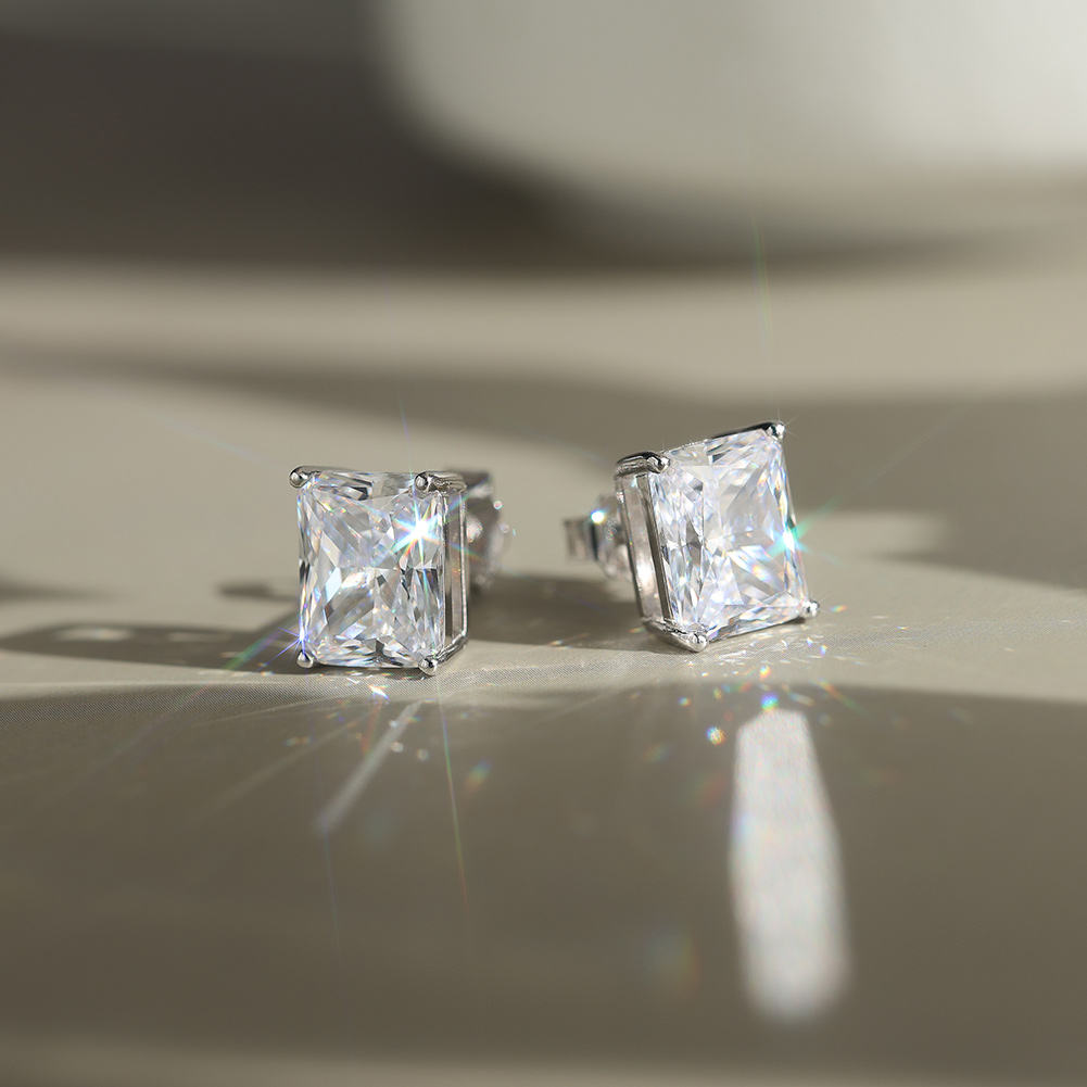 TWILIGHT Radiant (Emerald) Moissanite Diamond Stud Earrings in Sterling Silver